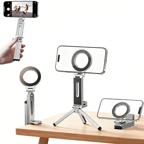 KEVANLY 360° Drehbar Magnetisches Handy Stativ,für iPhone 17,Silber | Faltebares Tragbarer Selfie-Stick,Magnetische Rückseite,Selfie Stick Stativ für MagSafe,Vlog,Gym,Reise