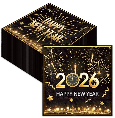 60 Stück Servietten Silvester Deko 2026, Happy New Year Silvesterdeko, Schwarz Gold Servietten für den Jahreswechsel Tischdekoration aus Neujahrsservietten (33 x 33 cm)