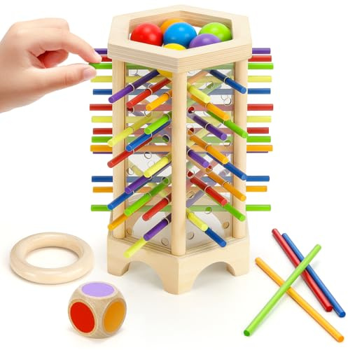 Montessori Spiel Brettspiel aus Holz für Kinder Spiel, 42 Stück Bunte Holzstäbchen Würfelspiel Lernspielzeug für 3 4 5 6 7 8 Jahre Mädchen Junge Geschenk Geburtstag Reisespiel Spielsachen für 3-8