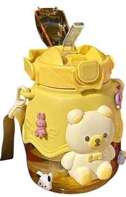 Cute Bear Water Bottle with 3D Design,1.3L, Leakproof, Flip-Top Lid with Straw, Detachable Shoulder Strap (Available in Pink, Blue and Yellow) (Yellow Bear)