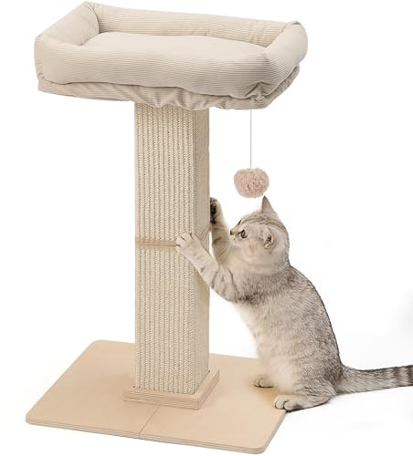 FUKUMARU Arbre à Chat, Style Rétro avec Perchoir pour Chats d'Intérieur, Grande Tour à Gratter avec Lit, Griffoir pour Chat Sisal Naturel et Bois Massif, Beige