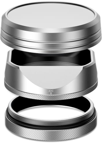 JJC Classic Square Metal Lens Hood with 49mm Adapter Ring + Hood Cap for Fujifilm X100VI Fuji X100V Camera - Support 49mm Filter Mount - Silver
