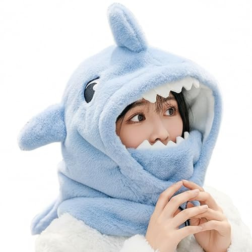 Joygoodta Hai-Mütze, 3-in-1-Beanie-Mütze, Plüsch-Skimaske mit vollständiger Gesichtsbedeckung, niedliche Tier-Skihelm-Abdeckungshaube für Wintersport, Cosplay, Geschenke, Blau