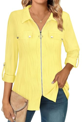 Flikity Womens Tops 3/4 Long Sleeve Zip Front Shirt Casual Ladies Blouse UK | Woman Long Sleeve Zip Front Collared Blouse with 3/4 Sleeves, Ladies Shirt Chest Pockets and Smart Casual Style Top UK