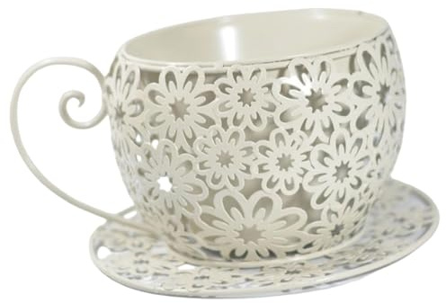 LCSVCCXA Pot de Fleur Pot à Fleurs Tasse à Café Vintage en Fer avec Motif Creux et Base Stable Ornement Artistique Adapté pour Salon Jardin Bureau, Blanc