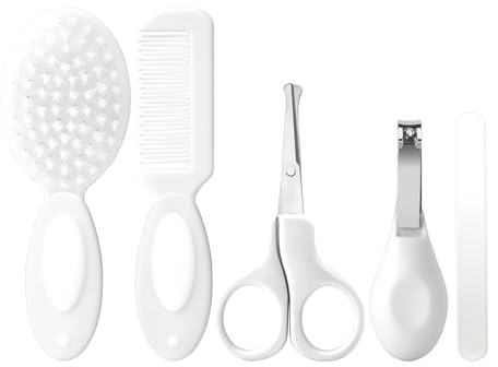 Baby Grooming Kit Newborn,Infant Safety Care Set with Hair Brush Comb Nail Clipper, Baby Essentials for Newborn,5 Pcs, Write