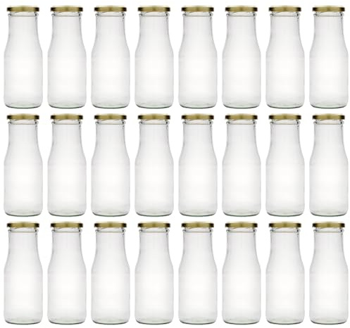 Flaschenland 24er Set 240 ml Glasflasche Susann rund aus Klarglas mit goldenem Twist-Off-Deckel ideal für Säfte Smoothies Saucen Vorrat