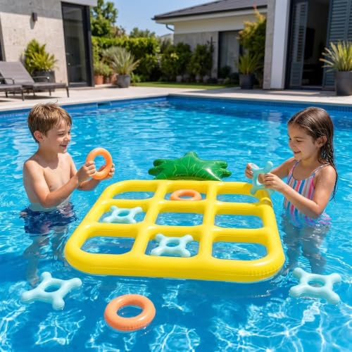MIGIFTDY Aufblasbares Ananas Tic Tac Toe Poolspielzeug, 5 Kreuze & 5 Ringe, Wasserspielzeug Kinder & Erwachsene, Poolspiele, Schwimmbad Spielzeug, Waterplay, Gartenparty & Familien Pool Aktivitäten