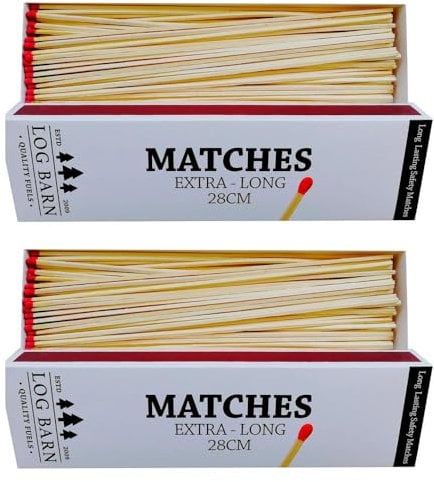 Log Barn 28cm Extra-long Safety Matches, 2 Boxes (90 Matches Per Box). Long-lasting Camping Matches for Wood Burners, Fire Pits, Ovens. Extra Strong BBQ Fire Lighters - Genuine Log Barn Match Lighters