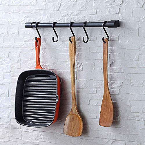 KAIYING Kitchen Utensil Rack with Removable S Hooks, Pot and Pan Hanging Rack, Rod Hooks for Mugs, Pot & Pan Racks, Wall Mounted Kitchen Utensil Rail Organizer, Aluminum,(Black-5 Hooks)
