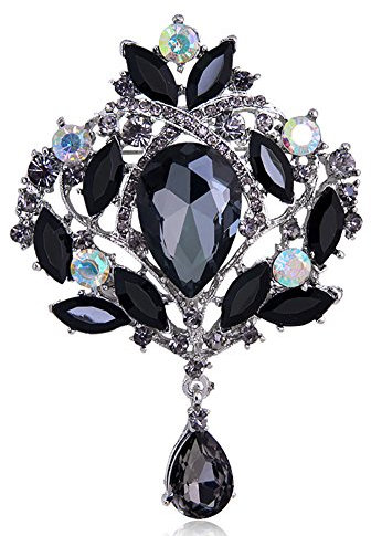 Brüssel08 Damen-Brosche mit Blumenstrauß, Tropfenform, Strass-Anhänger, Cocktail-Brosche, Schwarz