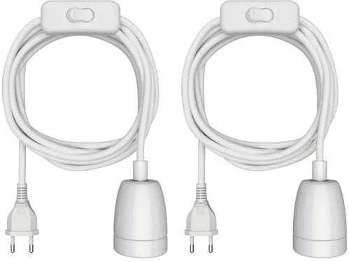 ledscom.de 2 Stück Textilkabel LEHA II, Stecker, Schalter, weiß, 3 m, Porzellan-Fassung, 1x E27 max. 300W