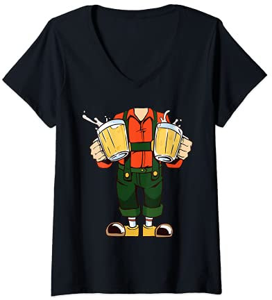 Mujer Oktoberfest Lederhosen Disfraz Jarras De Cerveza Celebración Camiseta Cuello V
