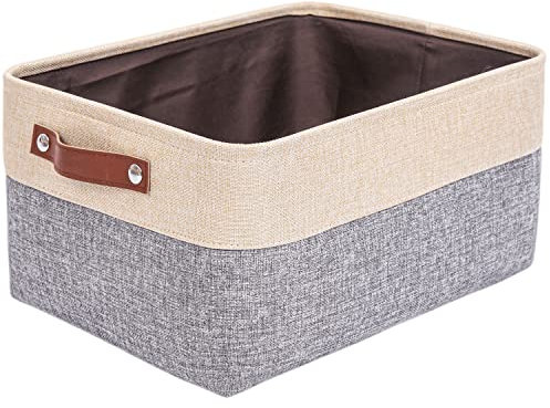 Mangata Foldable Storage Baskets, Thickened Canvas Fabric Storage Box for Home Closet Laundry, Leather Handle(Large, Grey/Beige)