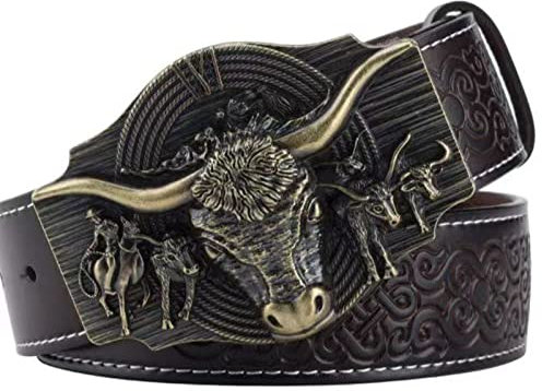 WRJAHCG Gürtel Western für Cowboy, Vintage Long Horn Bull Rodeo Western Cowboy Gürtel,Bronze coffee,120CM/47.3''