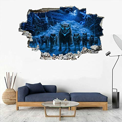 Wolf 3D Wandtattoo Durchbruch Wanddeko Tier Wanddurchbruch sticker selbstklebend Wandbild Wandsticker B 90 x H 60 cm Wohnzimmer Wanddeko Wandaufkleber für Kinderzimmer Junge Mädchen Teenager Zimmer