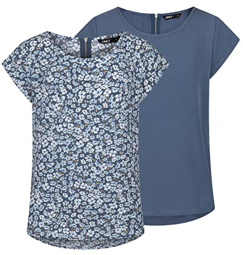 ONLY ONLVIC Lot de 2 t-shirts pour femme - Coupe droite - Col rond - Manches courtes - Motif basique - Couleur unie - Blanc, noir, vert, rose, bleu, 34, 36, 38, 40, 42, 44, Vintage Indigo (15284243