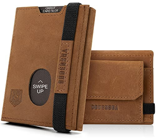DODENSHA Portefeuille pour Homme RFID avec Porte-Monnaie XL | 7 Fentes pour Cartes, 1 Fente pour Carte ID | Bande Élastique | Marron