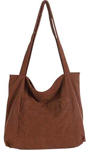 WantGor Cord Tasche Damen Umhängetasche mit Reißverschluss, Groß Handtasche Tote Bag Shopper Schultertaschen für Schule Arbeit Reisen Einkaufen Alltag (Hellbraun)
