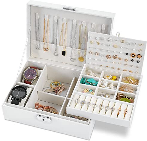 E-MANIS Scatole portagioie per Donna di Gioielli a 2 Strati,chiusura a chiave in pelle impermeabile, per Ragazze Anelli Collane Orologi (Bianco)