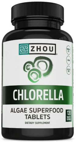 Zhou Chlorella Tablets - Chlorella Supplement, Chlorophyll Vitamins, Pure Green Algae Superfood, Nutrient Rich Super Food Pills, Broken Cell Wall - 120 Vegan Tablets