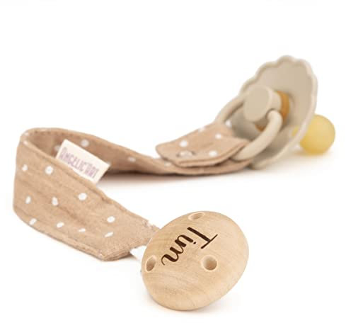 AngelicArt Schnullerband mit Gravur Namen für Jungs und Mädchen - große Farbauswahl - Geschenk für Baby (Natur-Gepunktet)