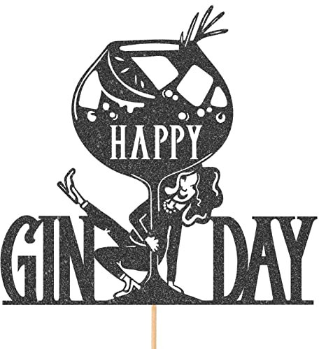 Funny Happy Gin Day Birthday/Hen Do Glitter Topper by Cakeshop | Custom Colour Dancing Gin Lover Alcohol Cake Decoration for Her 18th 19th 20th 21st 30th 40th 50th 60th 70th 80th 90th Black