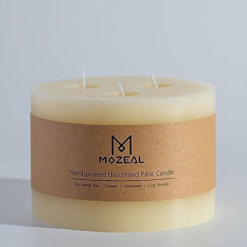 MOZEAL Stumpenkerze, extragroß, 3 Dochte, elfenbeinfarben, 15,2 x 15,2 cm, geruchlos, tropffrei, rauchfrei und sauber brennend, ca. 80 Stunden Brenndauer, perfekt für Hochzeiten, Abendessen,