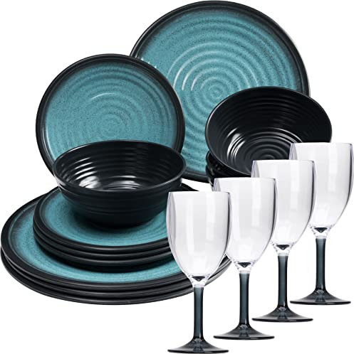 Melamin Geschirrset für 4 Personen blau schwarz - 16 Teile - mit grauen Weingläsern 290 ml - Campinggeschirr Essgeschirr Gläser Wasserglas Tumbler Whiskey Campinggeschirr Picknick Camping Outdoor