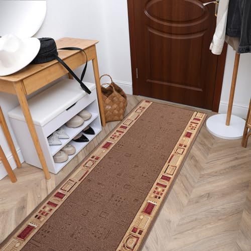 Modernen Preiswert Antirutsch Läufer JENA braun, Anti Rutsch Teppich rutschfest Brücke Meterware Rahmen für Küche Wohnzimmer, dauerhaft, 120x340 cm