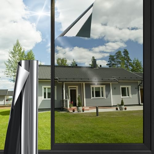 HONLONE One Way Mirror Window Film, 110 * 400cm Glass Tinting Film For Windows, Anti Glare UV Film For Home And Office, Black Silver