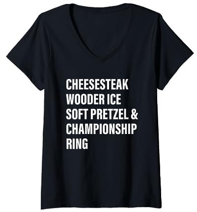 Damen Cheesesteak Wooder Ice Soft Brezel & Championship Ring T-Shirt mit V-Ausschnitt