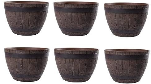 Jinfa 6er-Set Pflanzkübel aus Kunststoff in Weinfass Optik Dunkelbraun bottich Miniteich | Farbe: Kastanie | Design: Weinfass | Ø 38 cm