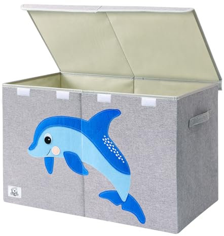 CLCROBD Foldable Large Kids Toy Chest with Flip-Top Lid, Collapsible Fabric Animal Toy Storage Box/Bin/Organizer/Basket/Trunk for Toddler, Children and Baby Nursery (Gray Dolphine)