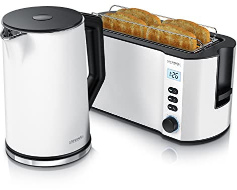 arendo Ensembles Bouilloire et Grille-Pain en Set Bouilloire en INOX 1,5L 40°-100°C, Grille-Pain Manha 4 Tranches Ecran LED 6 Niveaux de brunissage Support viennoiserie Grille Pain, Blanc Mat
