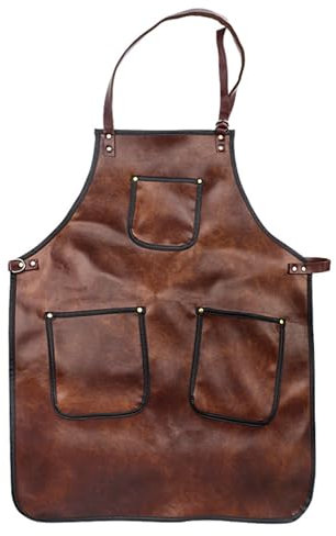 BURLOE Leder Schürze, Chef Friseur Mit Tasche Einstellbare Größe Werkzeug Holzbearbeitungsschürzen DIY Keramik Haustier Pflege Büffel Braun Grillschürze Arbeitsschürze,1