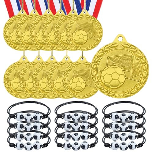 YUJUE 12 Fußballmedaillen, 12 Fußball Armbänder, Fußball Partygeschenke, Kindergeburtstagsmedaillen aus Metall, Goldmedaillen für Fußballgeburtstagsfeiern, geeignet für Jungen, Kinder und Erwachsene
