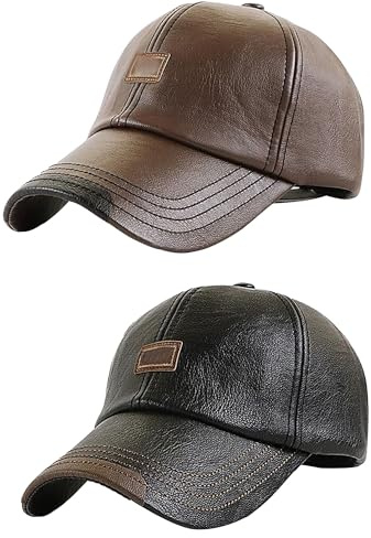 Leder Baseball Cap, Leather Baseballkappe mit 7.5cm Krempe,Verstellbar Snapback Hat, Sonnenmütze Fit 56-60cm Kopfumfang Schildmütze für Bergsteigen Camping Outdoor