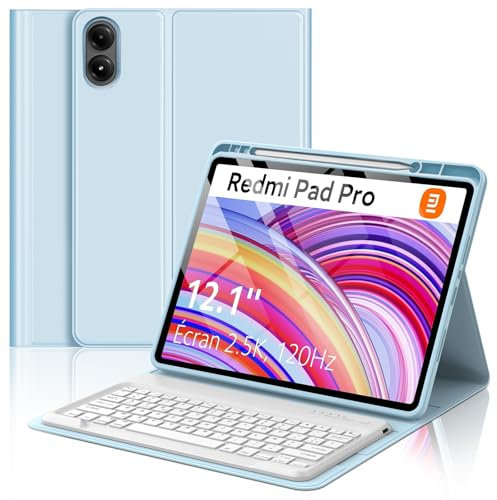 FOGARI Clavier pour Redmi Pad Pro 12.1 | Coque Clavier pour Xiaomi Pad POCO 12.1 Pouces 2024, AZERTY Français Clavier Détachable Bluetooth pour Redmi Pad Pro 12.1'', Bleu Clair