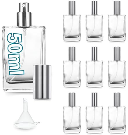 10 frascos de perfume vacíos recargables, 50 ml, con embudo, vaporizadores de viaje de vidrio transparente con pulverizador plateado, ideales para recargas, muestras