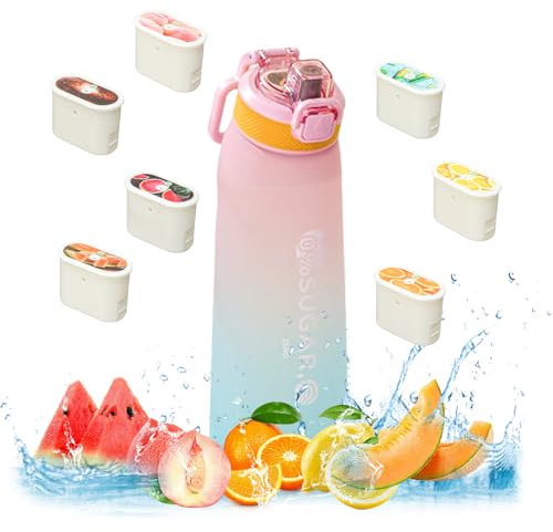 Huipalon Air Water Bottle with 7 Flavour Pods, 1000ml Starter Up Set Leak Proof Sports Water Bottle with 0 Calorie 0 Sugar Fruit Flavour Taste Pods for Fitness Outdoor (Pink Blue)