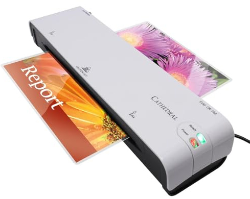White A4 Laminator with Jam Release - Mains Powered Paper & Card Laminating Machine for Home, Office, Business - Protect Documents, Posters, Images, Projects - H6.5 x W42 x D10cm