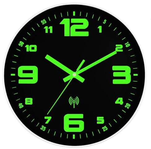 DIYZON Leuchtende Funkuhr Wanduhr, Geräuschlos, Nicht tickend, 30 cm, Nachtlicht- Radiogesteuerte Wanduhren, Batteriebetrieben, Glas-Beleuchtete Wanduhr, Dekorativ für Küche, Zuhause, Schlafzimmer
