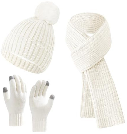 SRZYMJ Weiß Wintermütze Schal Handschuhe Set， Unisex Mütze Schal Handschuhe Set Herren Damen, Handschuhe Winter, Wintermütze Strickmütze Skimütze, Schal Winter Mütze Schal Set für Weihnachten