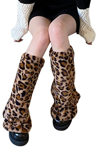 YIBOZI Women Harajuku Plush Leg Warmers Leopard Print Ruffled Baggy Foot Cover Socks