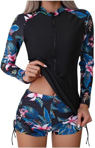 Womens Rash Vest Long Sleeve UV UPF 50+ Bathing Suit Womens Swim Shorts and Top Set 2 Piece Swimsuits Rash Guard for Surfing Beachwear Quick Dry Swimming Costume Set Sports Modest Swimwear