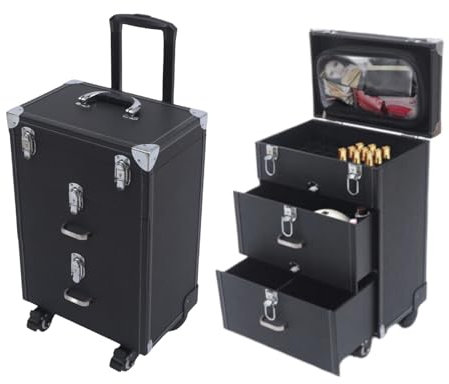 Kosmetikkoffer Trolley, 3 Lagen Schminkkoffer Damen mit 360° Drehbaren Rollen, Abschließbare Nagelkoffer für Reise Friseure Visagisten Nageltechniker, Schwarz