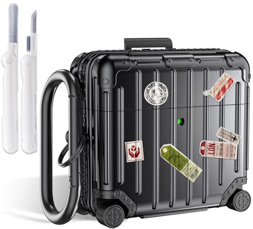 V.R.HOPE Hülle Kompatibel mit AirPods 4 Case Cover, Funny Suitcase Design Schutzhülle für Airpods 4 Generation 2024, Cute Fashion Protective Hard Case mit Cleaner Kit und Karabiner- Schwarz