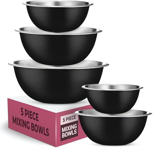 5-Piece Stainless Steel Mixing Bowls Set – Easy-Grip, Nesting Metal Bowls for Baking, Cooking, Salad, Dough & Food Prep – Dishwasher Safe, Durable, Non-Slip Base (5, Black)