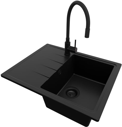 PRIMAGRAN Granitspüle ab 40er Unterschrank + Küchenarmatur, 62x50cm | Set: Küchenarmatur BW6020 + Ablauf-Set (Siphon, Ablaufgarnitur, Überlauf) + Spülbecken 1 Becken - Mailand, Alles Schwarz